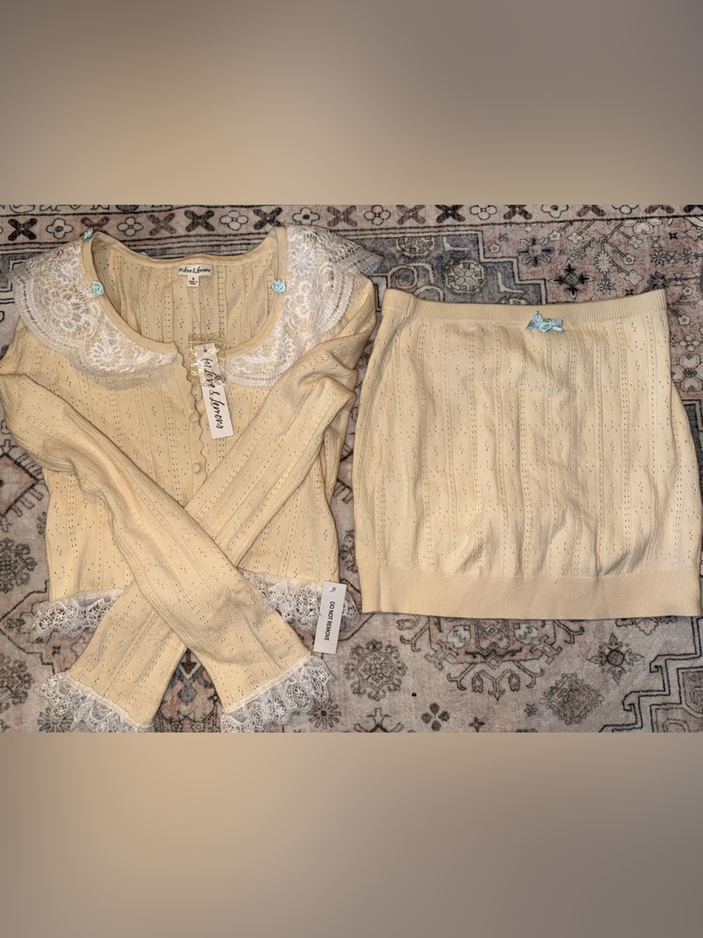 For Love & Lemons Cream Lace-Trim Knit Cardigan Set